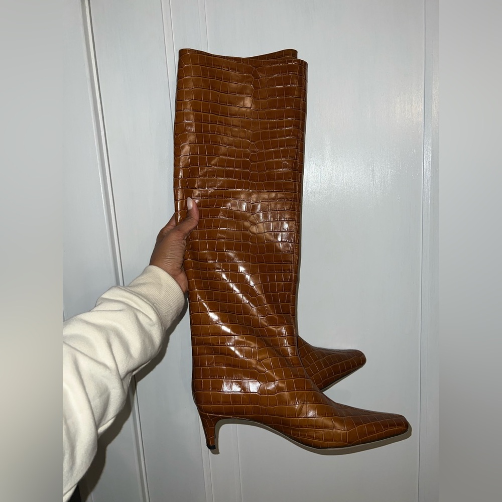 Staud Brown Croc-Embossed Knee-High Boots Size 10 40.5